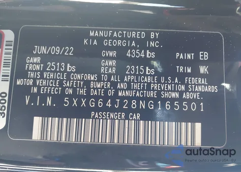 2022 Kia K5 Gt-Line z USA, uszkodzony, nr VIN 5XXG64J28NG165501